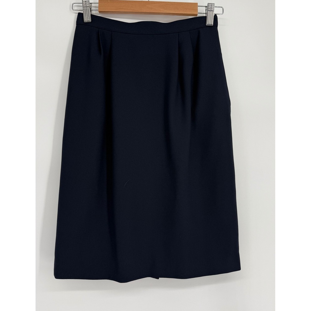 Vintage Navy Blue High Waisted Pleated Pencil Skirt Sz 4 Back Vent Lined